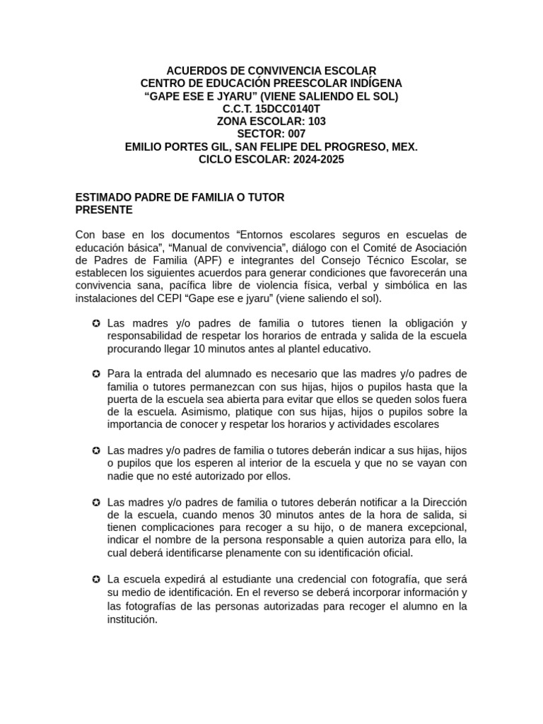 Acuerdos de Convivencia Escolar 2024-2025 | PDF | Escuelas | Comportamiento
