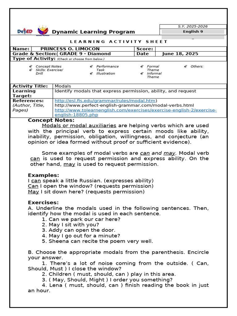 Modals Learning Activity Sheet | PDF | Semantics | Syntax