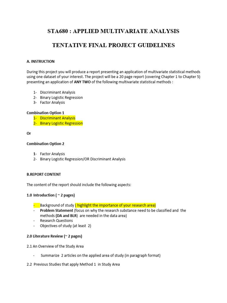 STA680 Project Guidelines: Multivariate Analysis | PDF | Regression ...