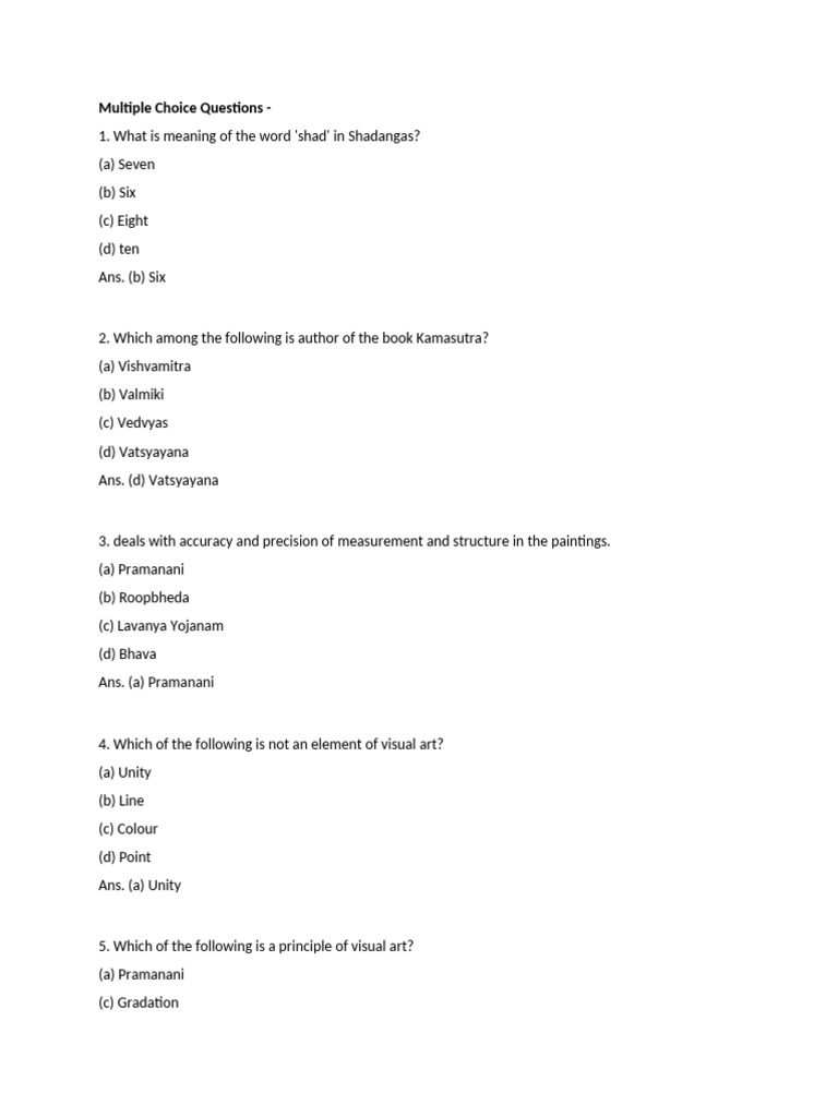 Class 12 Fine Arts MCQs Overview | PDF | Paintings