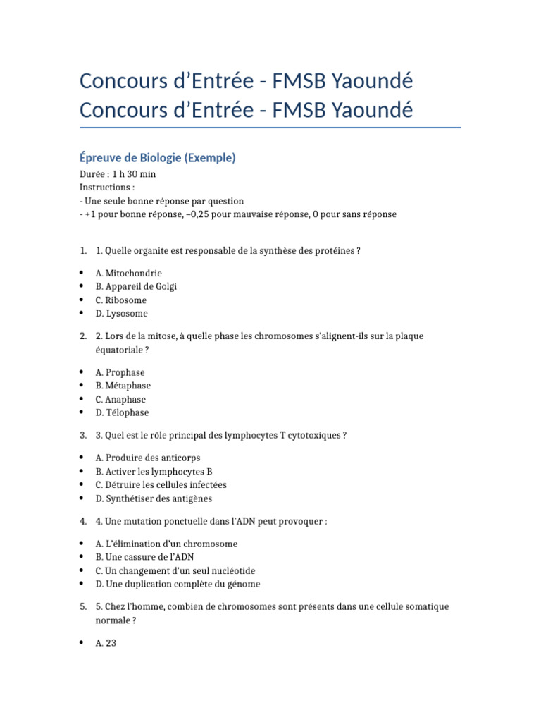 Concours FMSB Yaoundé 2025 : Épreuves et Exemples | PDF | Cellule ...
