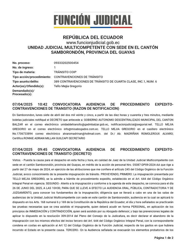 Audiencia por Contravenciones de Tránsito | PDF | Justicia | Crimen y ...