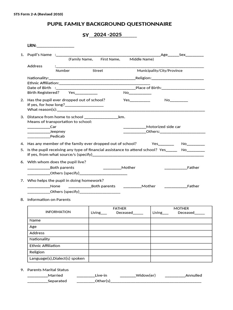 Pupil Family Background Questionnaire | PDF | Chess Openings | Chess