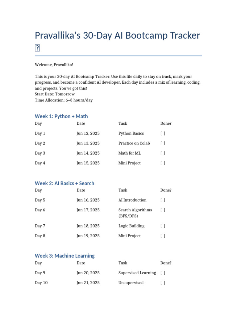 30-Day AI Bootcamp Progress Tracker | PDF