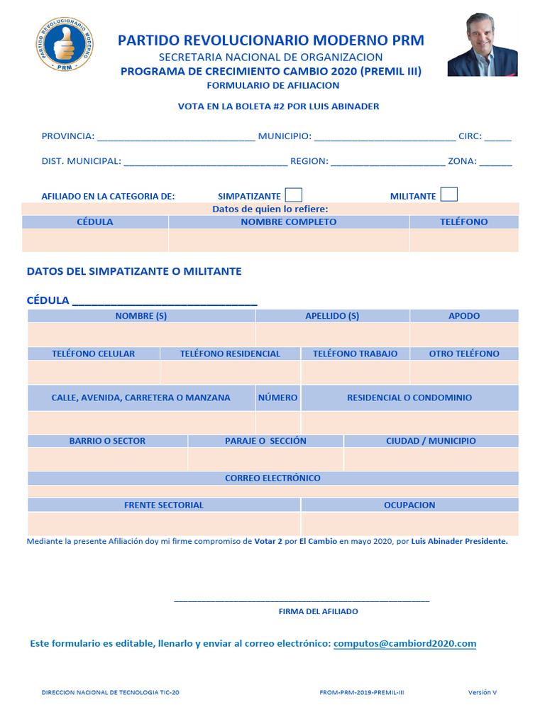 Formulario de Afiliación PRM 2020 | PDF | República Dominicana