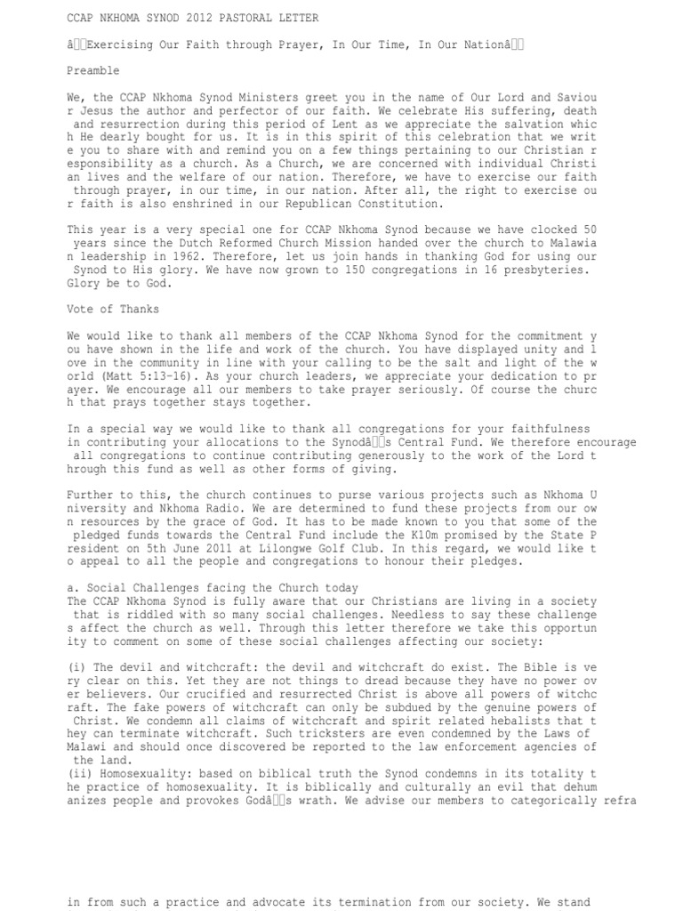 CCAP Nkhoma Synod 2012 Pastoral Letter | PDF | Malawi | Witchcraft