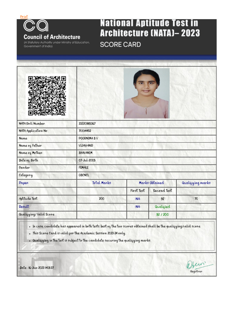 NATA 2023 Score Card for Poornima B V | PDF