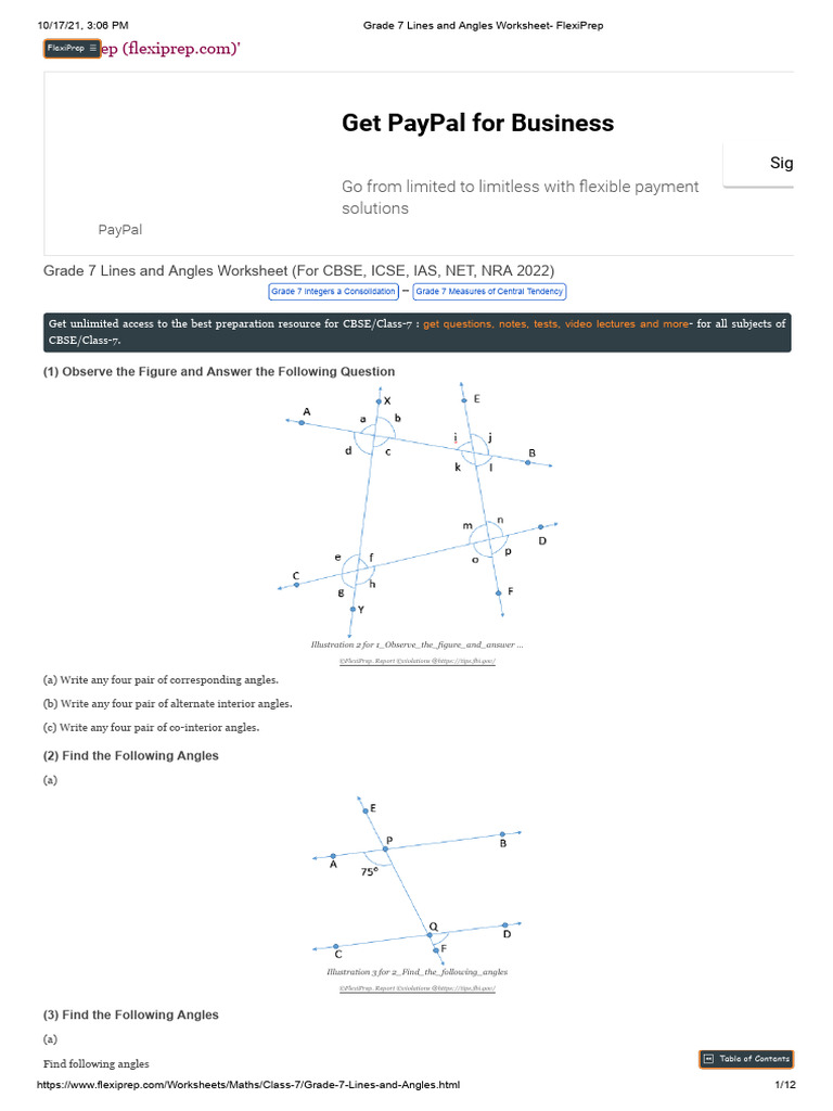 Grade 7 Lines and Angles Worksheet | PDF | Angle | Rotation