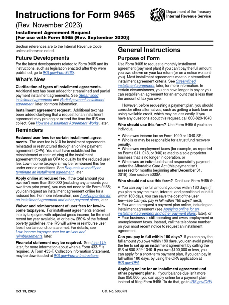 Instructions For Form 9465: (Rev. November 2023) | PDF | Internal ...