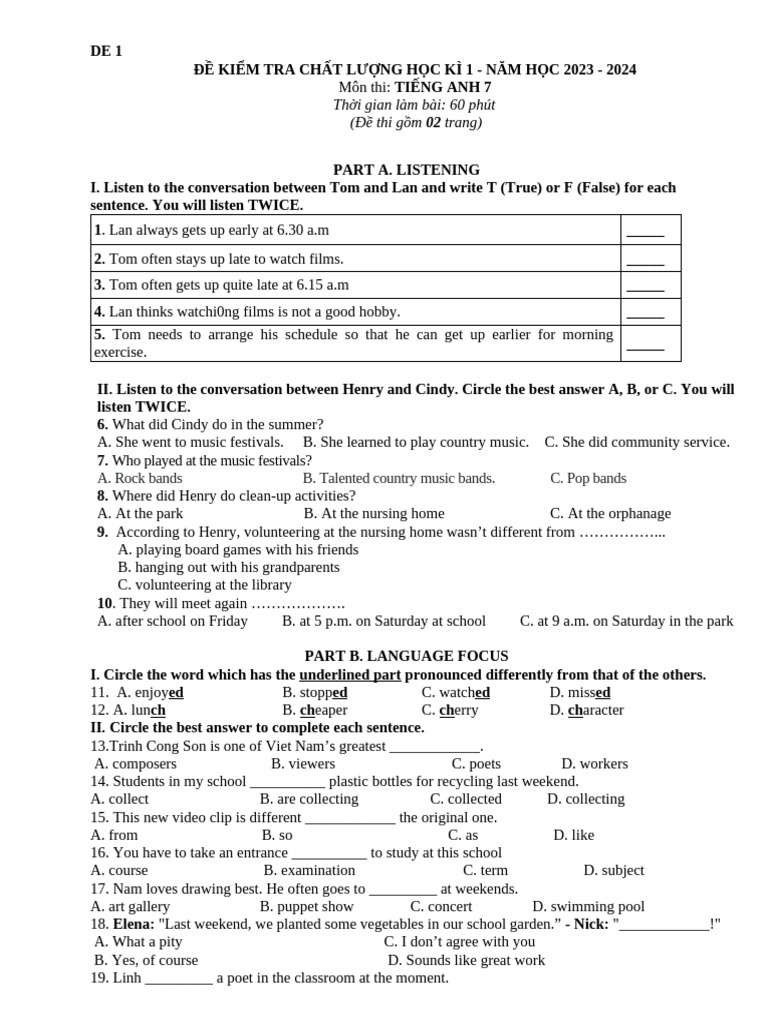 English Test for Grade 7 - Semester 1 | PDF | Vocabulary | Second Language