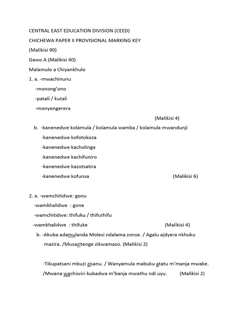 Chichewa Paper II Marking Key | PDF
