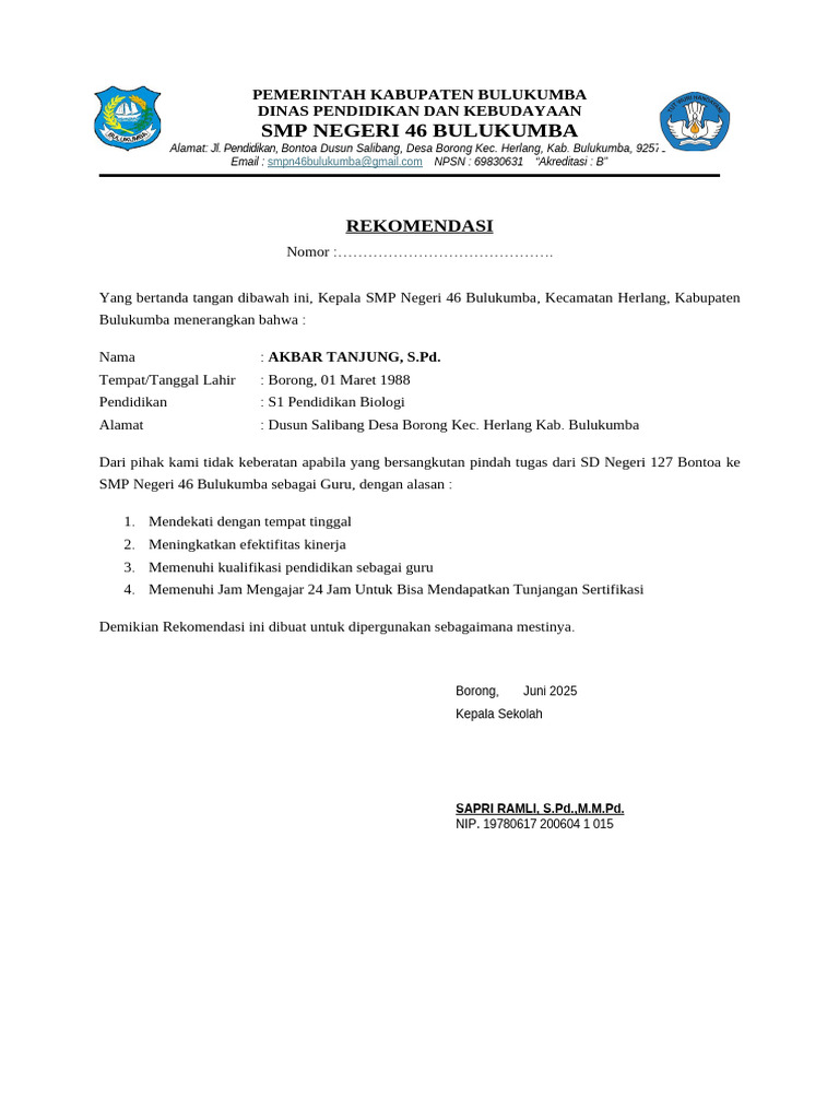 Surat Rekomendasi Diterima SMP 46 Bulukumba | PDF