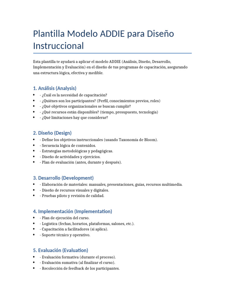 Plantilla ADDIE para Diseño Instruccional | PDF