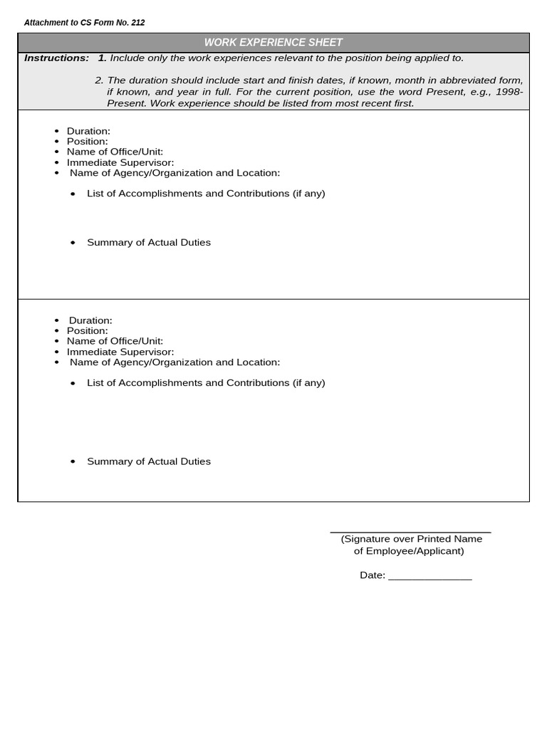 Work Experience Sheet Template | PDF