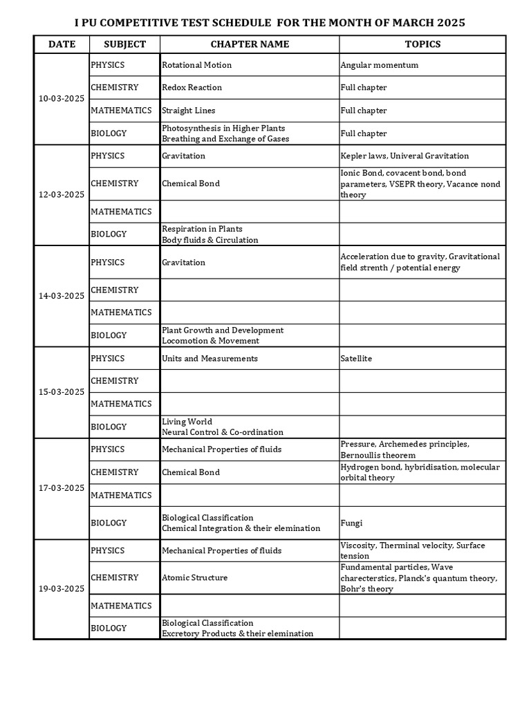 I PU Competitive Test Schedule March 25 | PDF | Chemistry | Physics