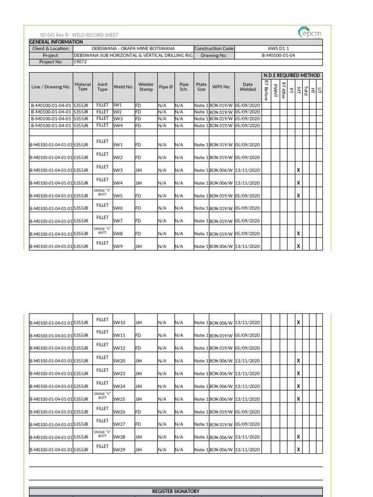 Weld Record Sheet for Debswana Project | PDF | Mechanical Engineering ...