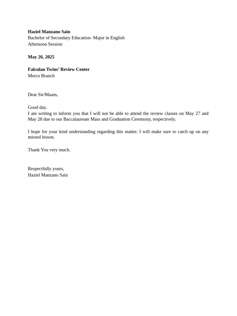 Absence Notification for Review Classes | PDF