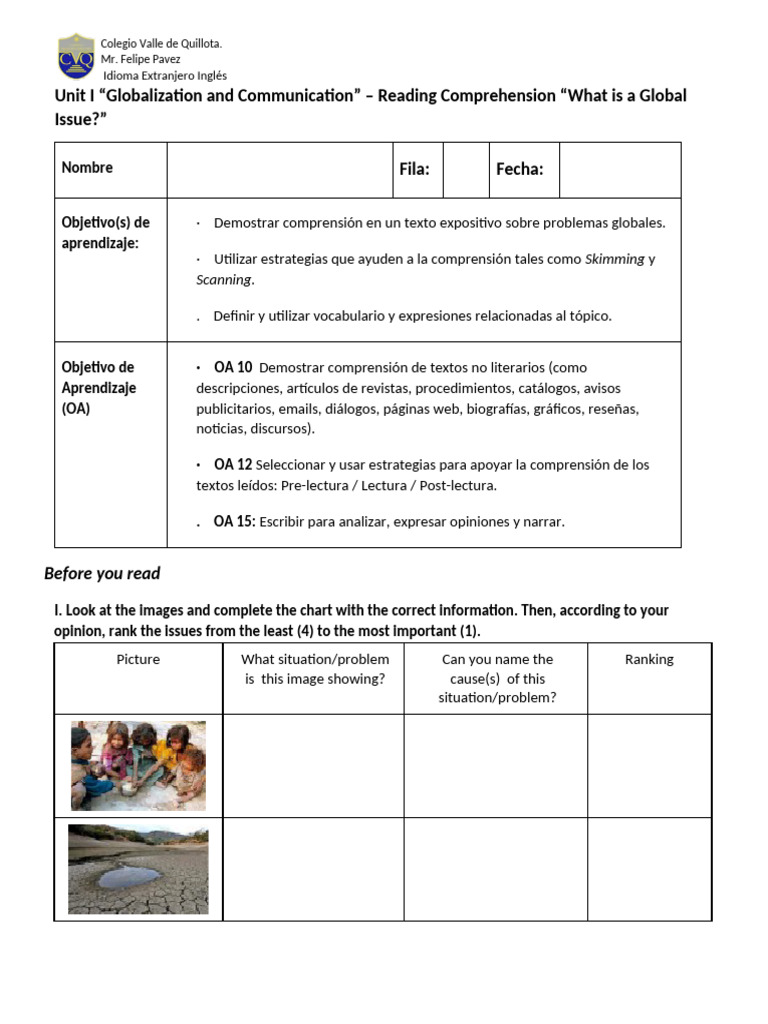 Global Issues Reading Comprehension Activity - 2nd Grade HS | PDF