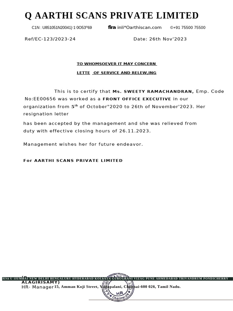 Relieving Letter for Ms. Sweety Ramachandran | PDF