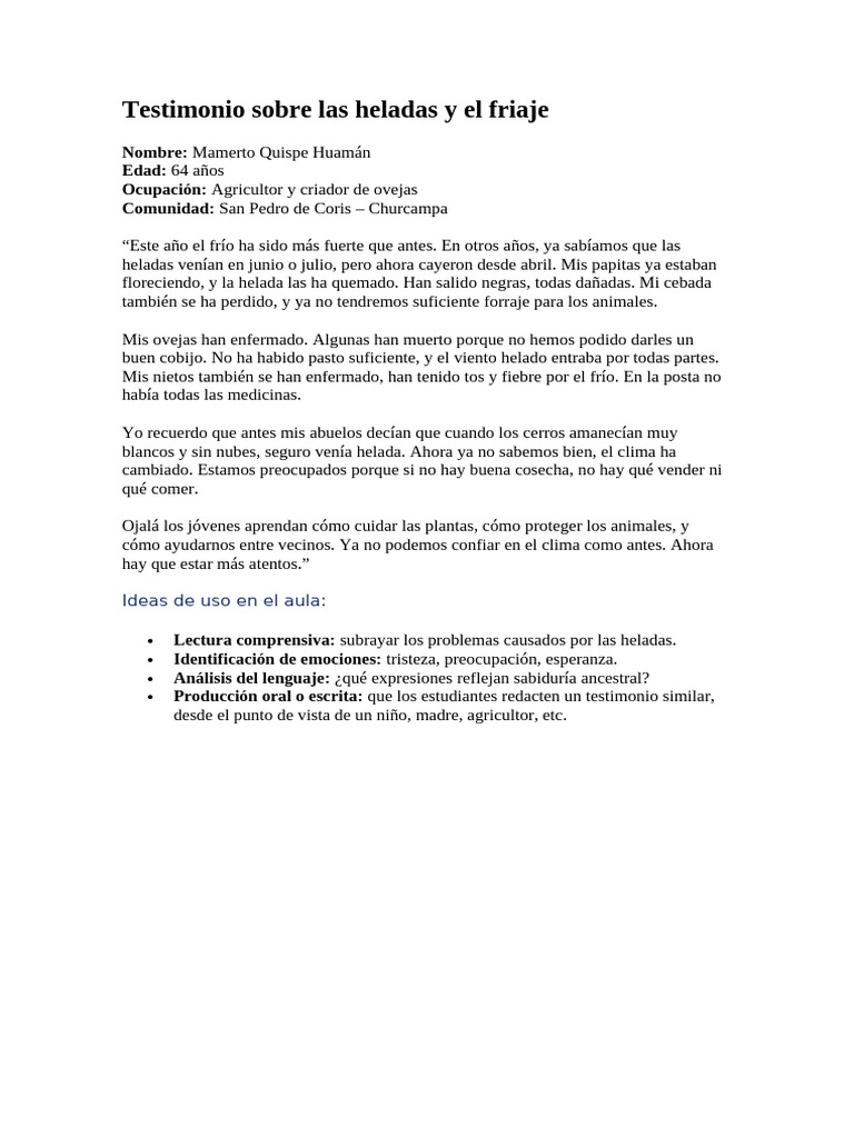 Testimonio Sobre Las Heladas y El Friaje | PDF