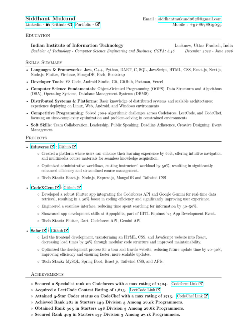 Siddhant Mukund's Tech Resume | PDF | Computing | Computer Science