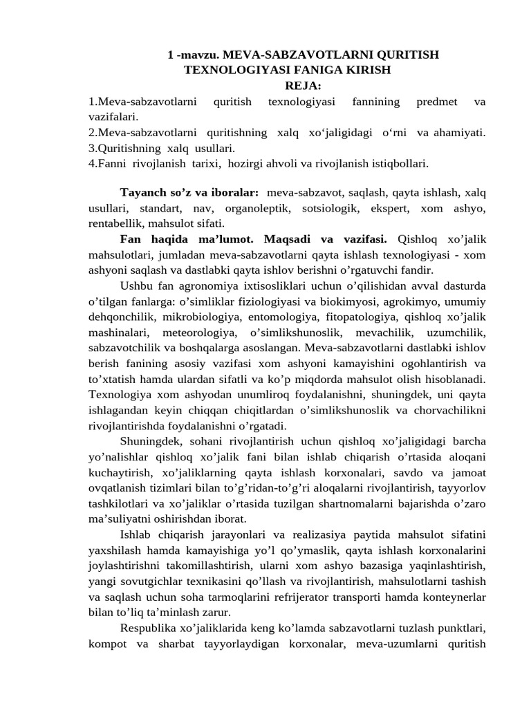 Tabiiy meva va rezavorlardan idishlar tayyorlash texnologiyasi