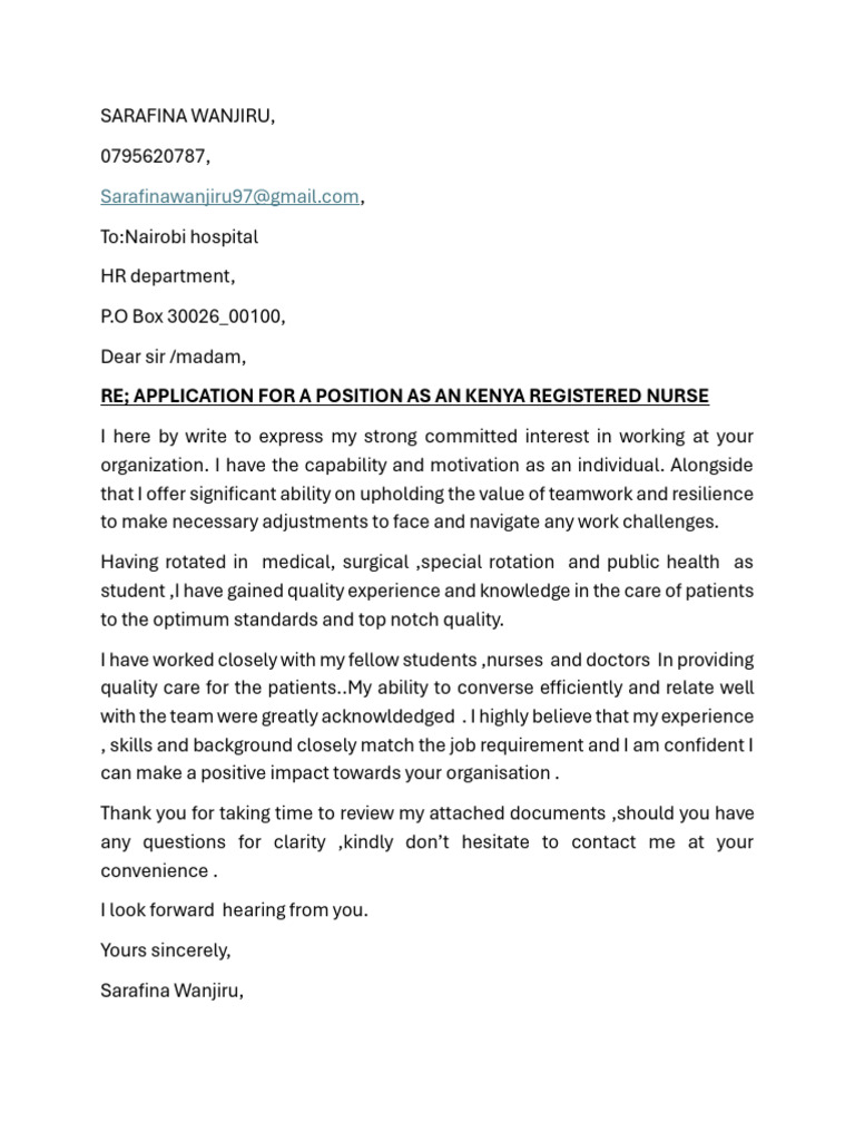 Re Application For A Position As An Kenya Registered Nurse | PDF