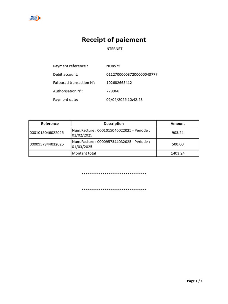 Receipt of Paiement: Reference Description Amount | PDF