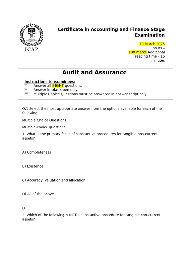 Audit and Assurance Exam Guide | PDF | Depreciation | Multiple Choice