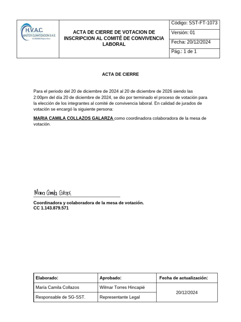 SST-FT-1073 - Acta de Cierre de Votacion de Inscripcion Al CCL | PDF