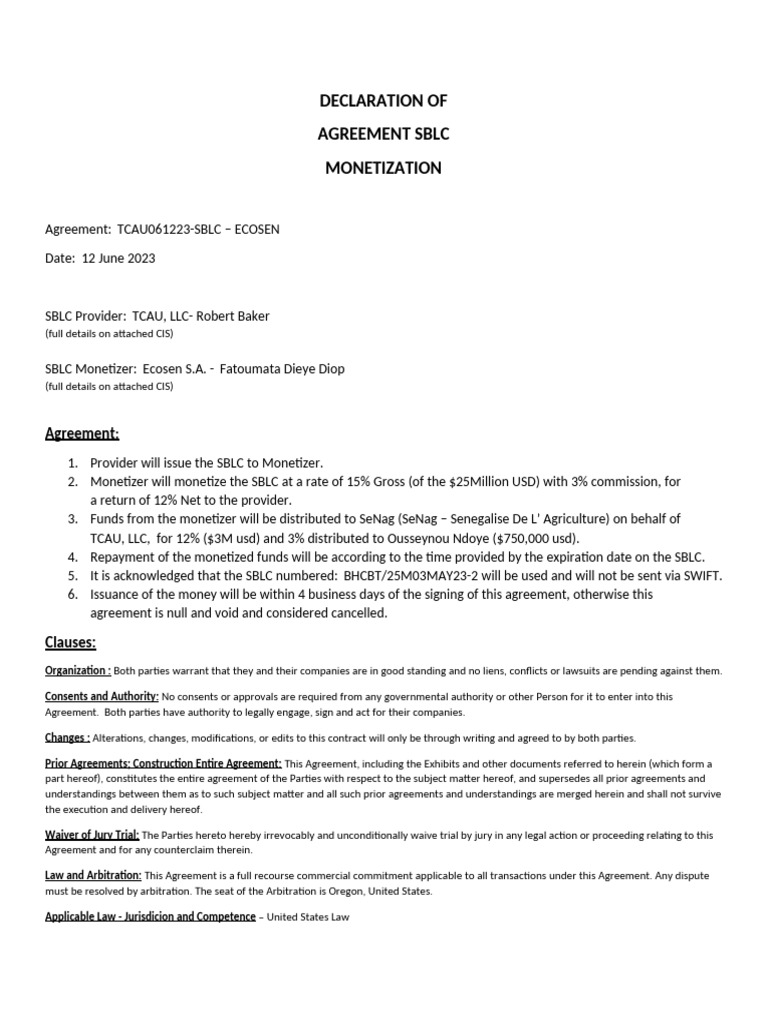 Declaration of Agreement - Ecosen | PDF | Indemnity | Justice