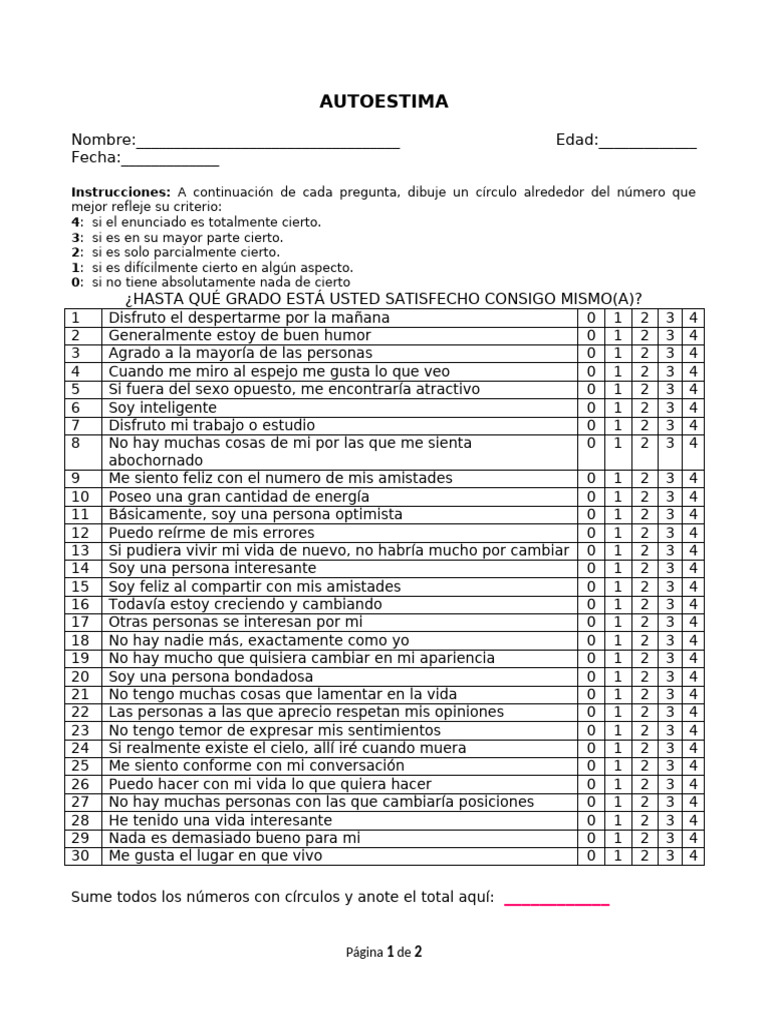 Cuestionario de Autoestima | PDF