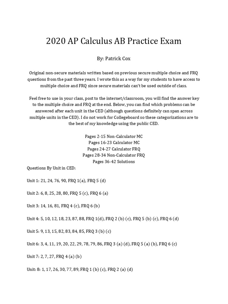 2020 AP Calculus AB Exam Practice | PDF | Function (Mathematics ...