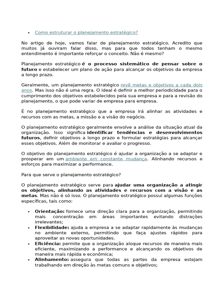 Estrutura do Planejamento Estratégico | PDF | Análise SWOT ...