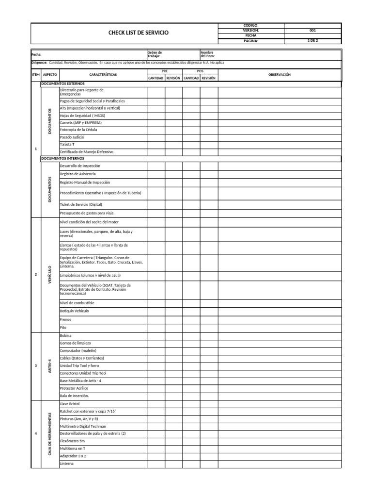 Check List de Servicio Completo | PDF | Equipo