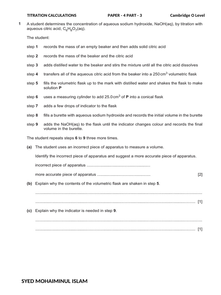 Titration Calculations Paper - 4 Part - 3 | PDF | Titration | Chemistry