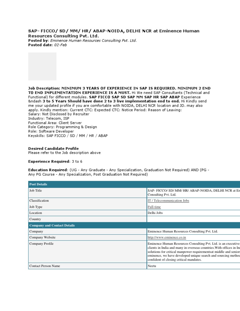 SAP Consultant Positions in Noida | PDF