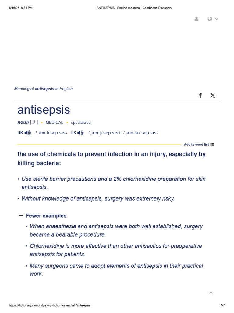 ANTISEPSIS - English Meaning - Cambridge Dictionary | PDF | English ...