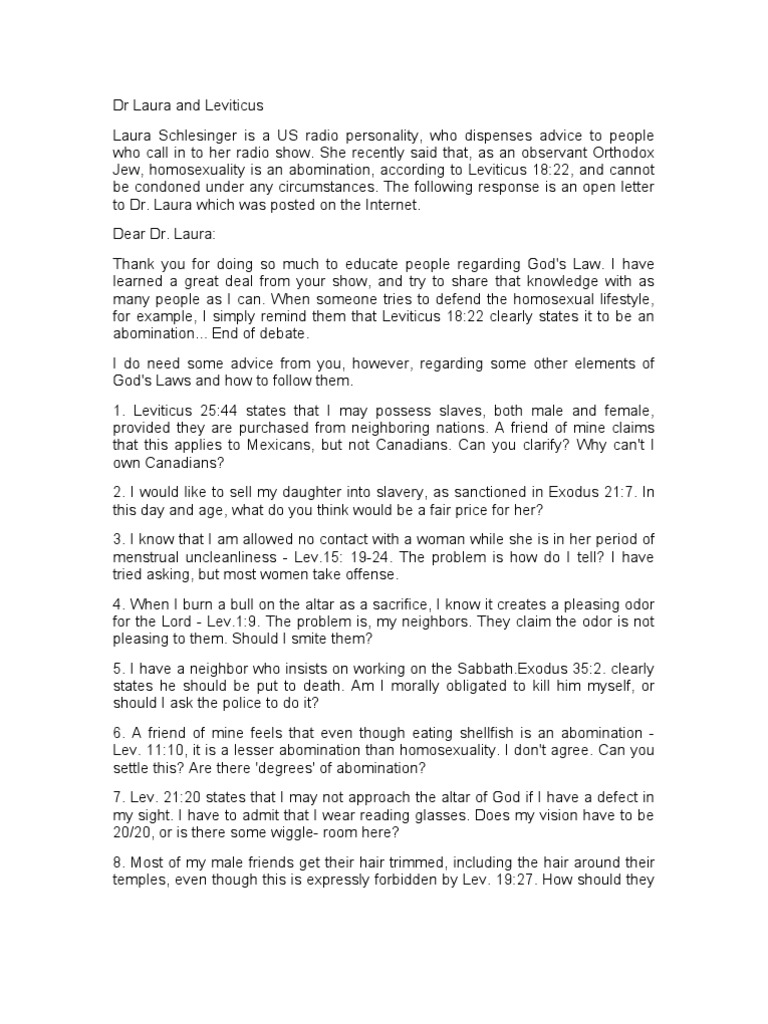 Dr Laura Leviticus Book Of Leviticus Religious Behaviour And Experience