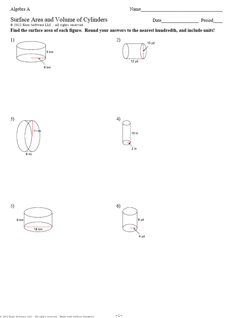 Surface Area and Volume of Cylinders Worksheet | PDF | Area ...