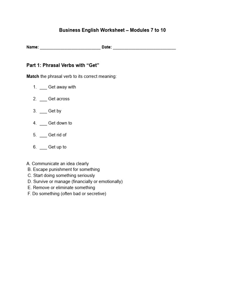 Business English Worksheet: Modules 7-10 | PDF | Question | Linguistics