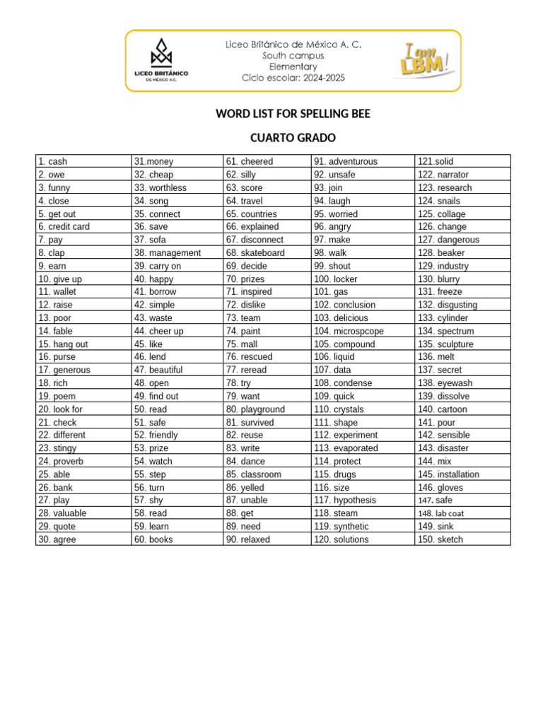 2025 4th Grade Spelling Bee Words | PDF