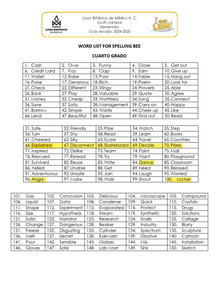 Grade 4 Spelling Bee Word List | PDF | Phases Of Matter