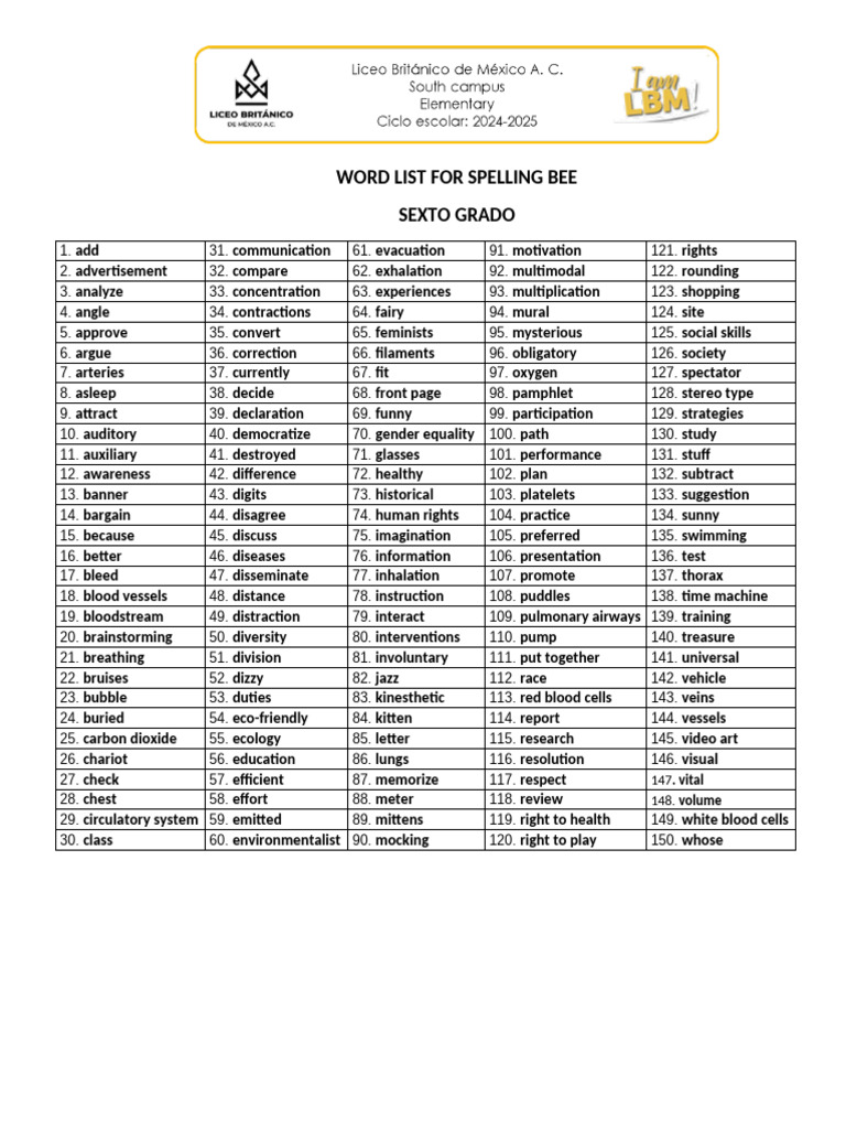 2025 6th Grade Spelling Bee Words | PDF | Circulatory System | Lung