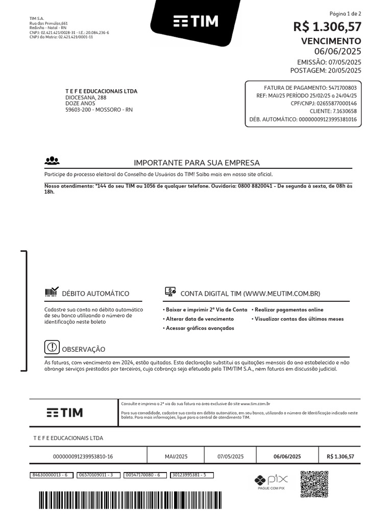Fatura TIM S.A. - Maio 2025 | PDF | Bancos | Brasil