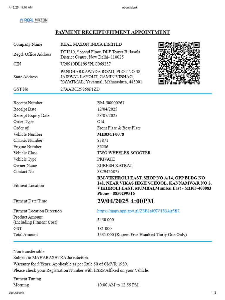 HSRP Payment Receipt and Appointment | PDF | Transport | Vehicles