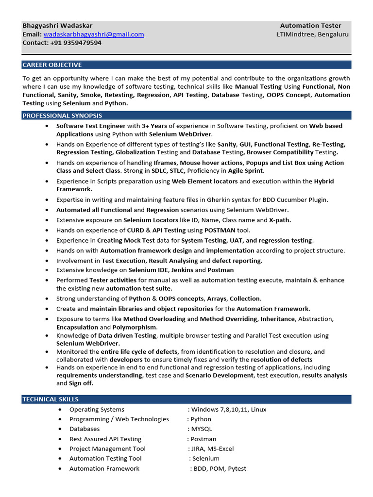Automation Tester Resume - Bhagyashri Wadaskar | PDF | Selenium ...