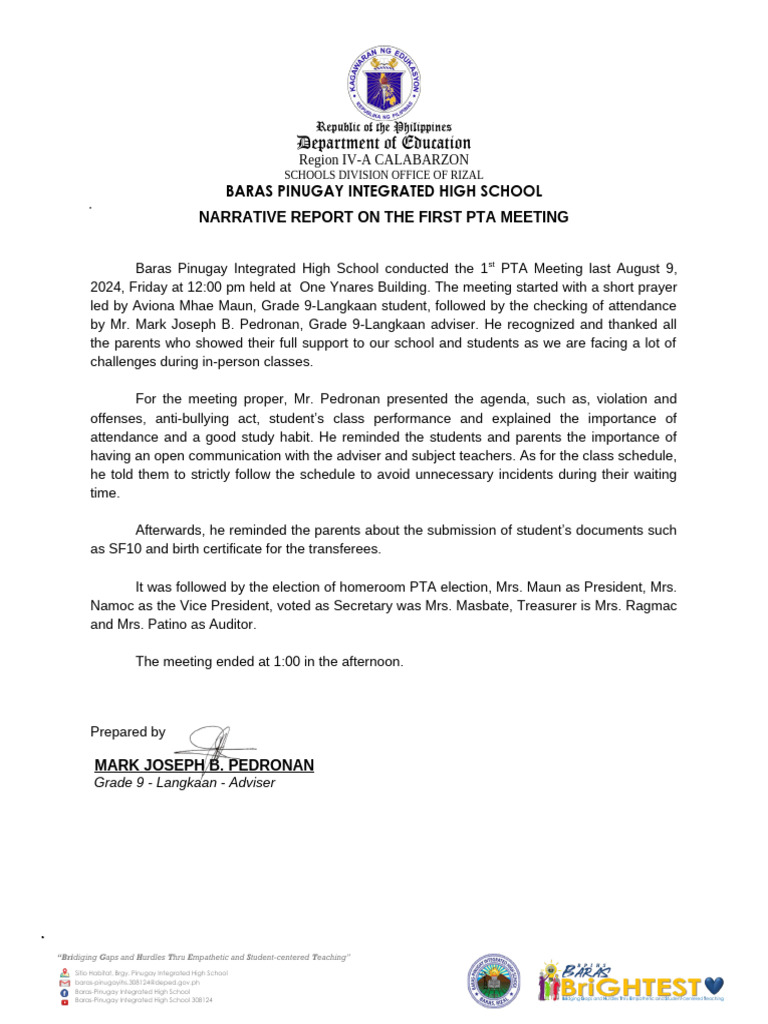 First PTA Meeting Report 2024 | PDF