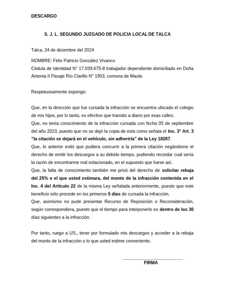 Formato para Hacer Descargos Por Infracciones | PDF