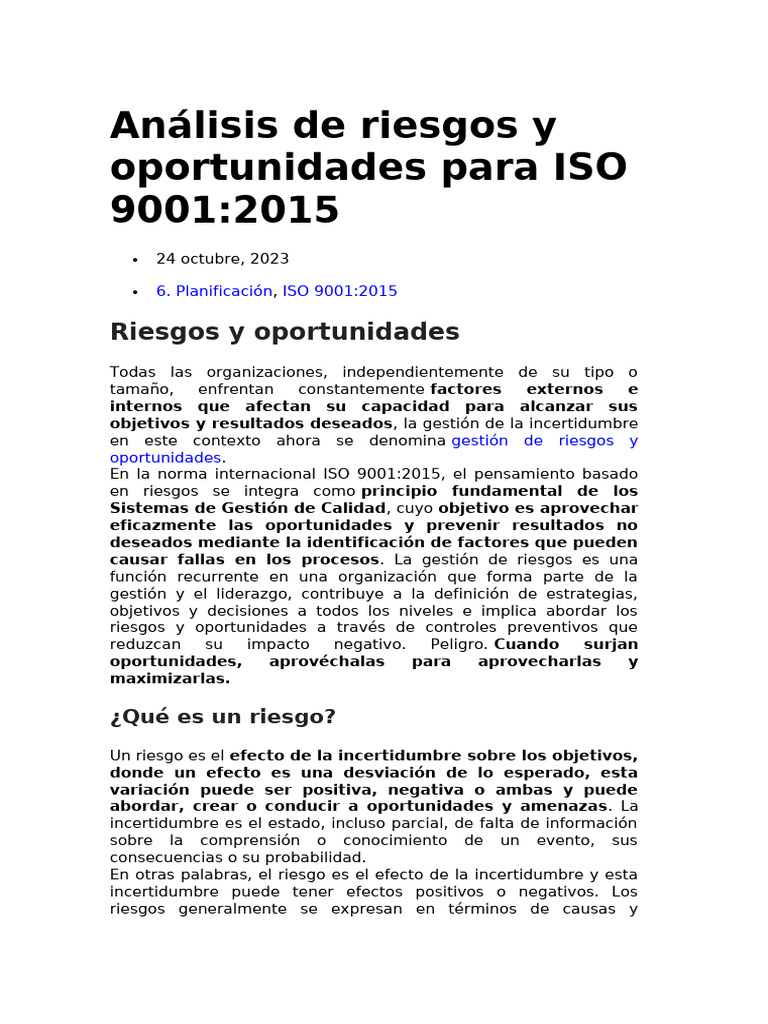 Análisis de Riesgos y Oportunidades para ISO 9001 | PDF | Riesgo ...